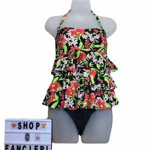 Island Escape | Sz 8 Medium Black Red Floral Tiered Tankini Two Piece Swim Set